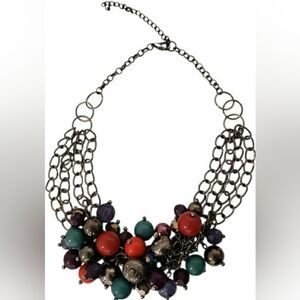 Gunmetal Multi-Bead Cluster Necklace with Red, Teal & Purple Accents